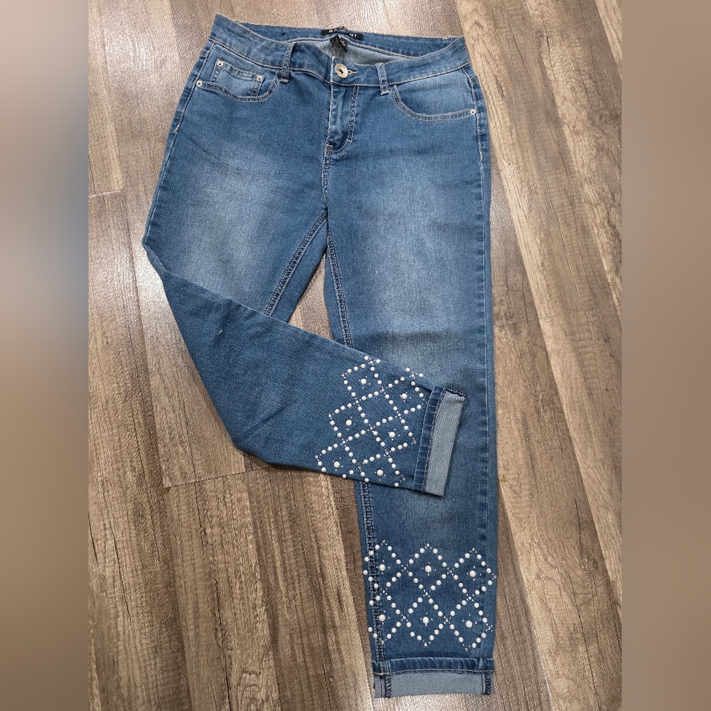 BACCINI PETITE PEARL STUDS EMBELLISHED ANKLE JEANS bombshell Italy 2000s Y2k